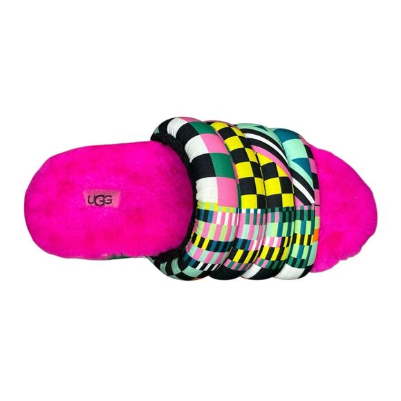 UGG Women’s 7 Maxi Checks Platform Slide Sandals Sheepskin Colorful Pink Fur - Picture 6 of 7